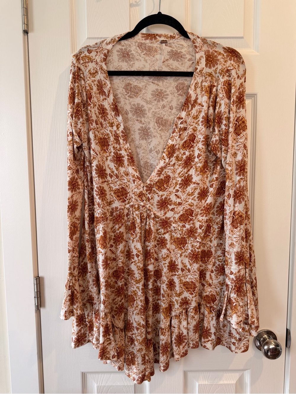 Free People Cream and Brown Floral Long-Sleeve Dress
